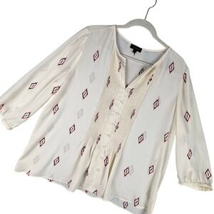 The Limited Pleated Blouse Cream Geometric XL Boho Chic peasant 3/4 sleeve